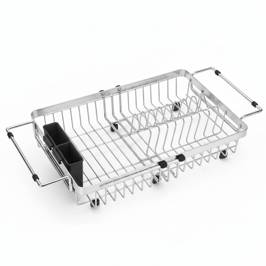 Small Expandable over the Sink Dish Drainer Drying Rack in Stainless Steel Metal for Kitchen, Counter Space Saving Compact above Plate Dryer Strainer, Adjustable Hanging inside Sink Wire Drain Holder
