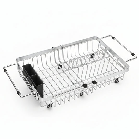 Small Expandable over the Sink Dish Drainer Drying Rack in Stainless Steel Metal for Kitchen, Counter Space Saving Compact above Plate Dryer Strainer, Adjustable Hanging inside Sink Wire Drain Holder