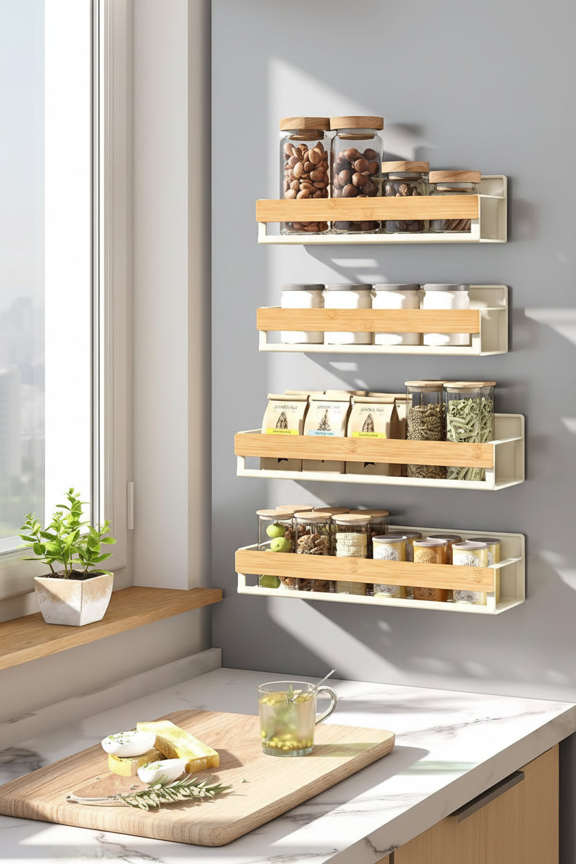 Magnetic Spice Rack for Refrigerator, 4 Pack, 2 Large and 2 Small Kitchen Magnetic Shelves for Washing Machine, Spice Organizers, No Drilling Needed, Cream White and Light Bamboo UKCS062WD01