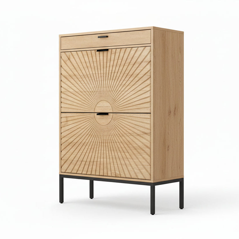 Shoe Storage Cabinet with 2 Flip Drawers&1 Small Drawer, Slim Entryway Shoe Organizer with Sun Pattern Doors for Sneakers,Light Beige