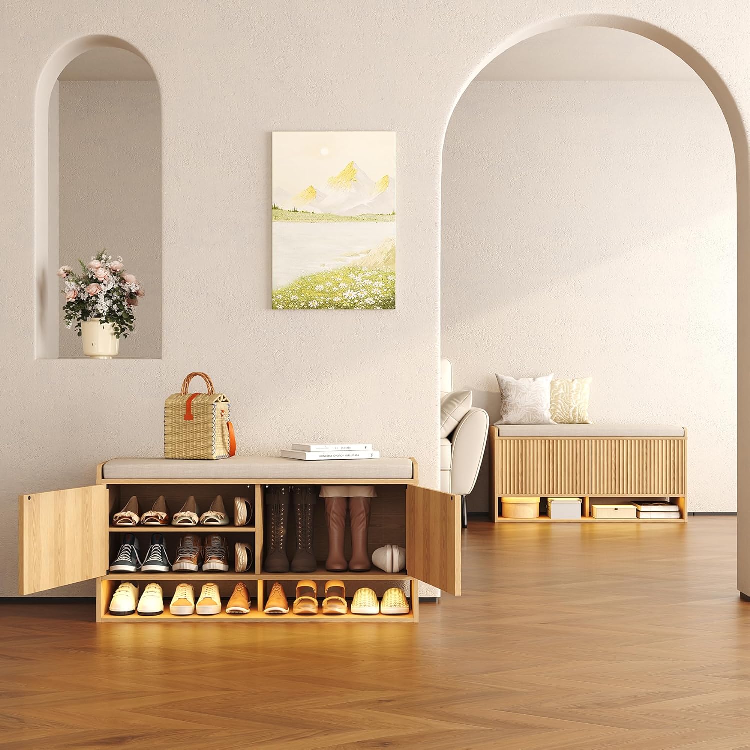 39.4" Fluted Shoe Storage Bench, Entryway Bench with Linen Seat Cushion, Shoe Cabinet Bench with Adjustable Shelf and Built-In LED Sensor Light, Bench for Bedroom End of Bed, Natural Oak