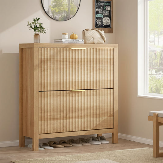 Shoe Cabinet Storage for Entryway, Fluted Shoe Cabinet with 2 Flip Drawers, Hidden Shoe Rack Tall Freestanding Shoe Organizer with Legs for Hallway, Wood