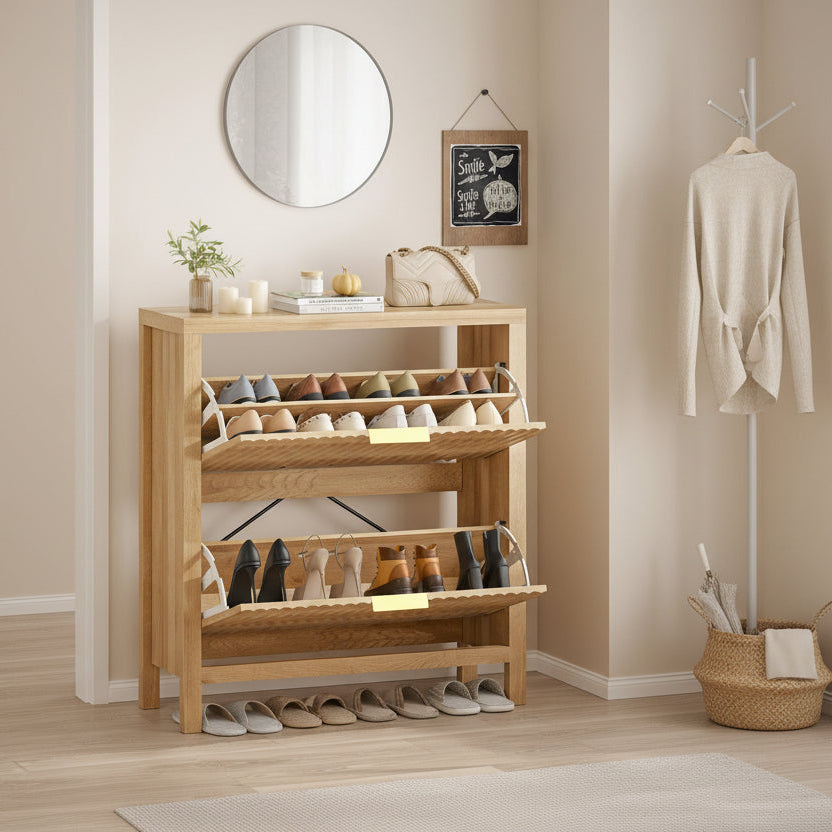 Shoe Cabinet Storage for Entryway, Fluted Shoe Cabinet with 2 Flip Drawers, Hidden Shoe Rack Tall Freestanding Shoe Organizer with Legs for Hallway, Wood