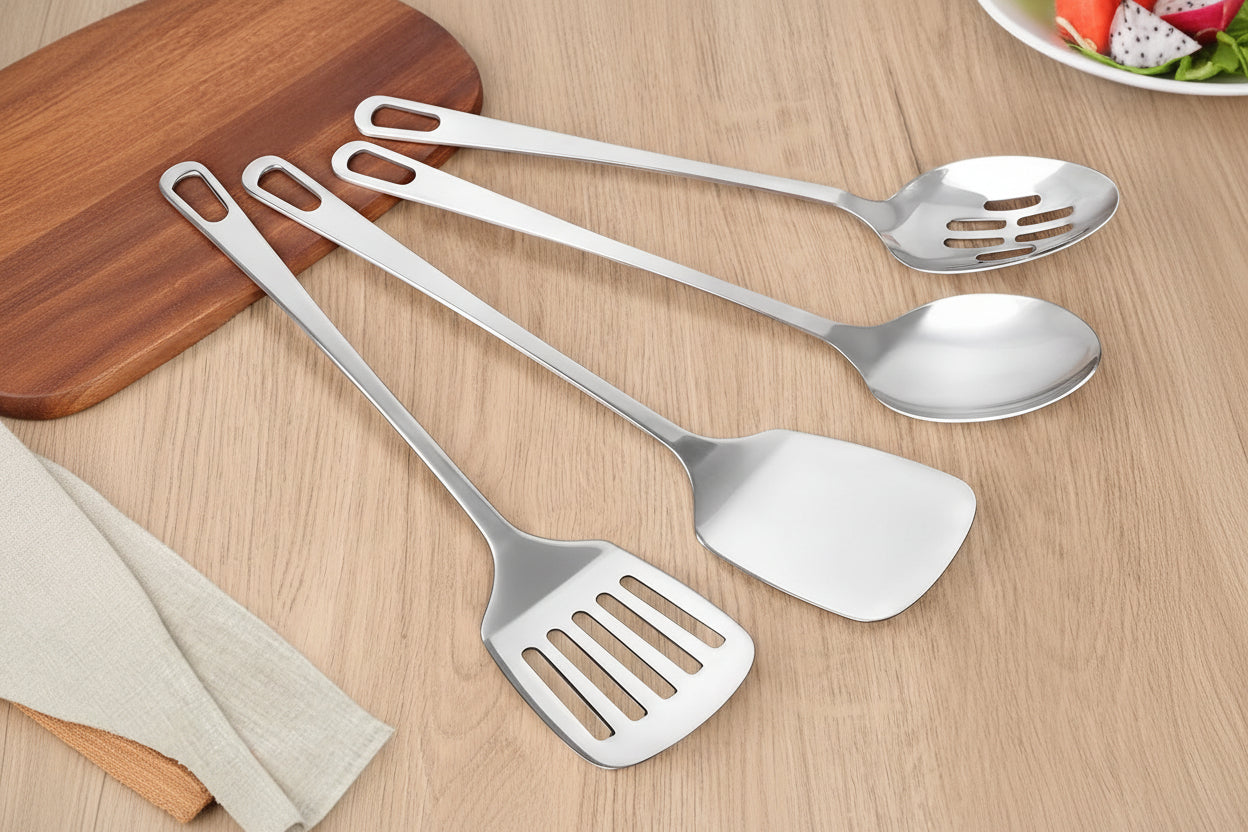 4 Pcs Cooking Utensils Set, Stainless Steel Kitchen Utensils, Heat Resistant Metal Kitchen Tools Include Solid & Slotted Turner Wok Spatula, Serving Spoon, Ergonomic Handle, Easy to Clean, Silver