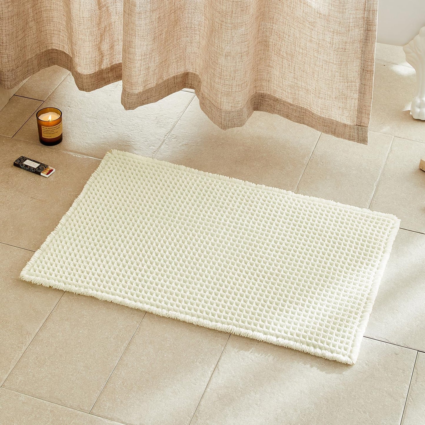Bath Mat – Waffle Texture – Non Slip – Washable – Cream White