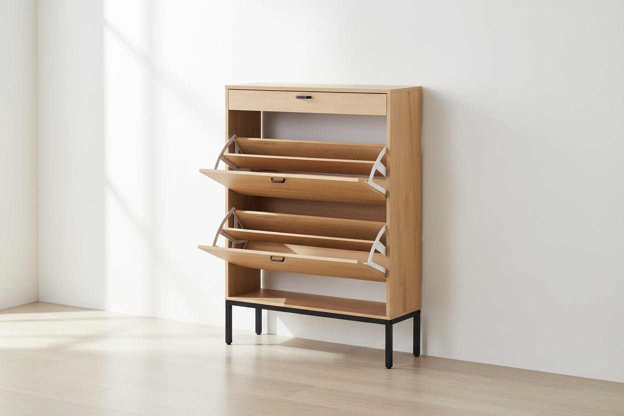 Shoe Storage Cabinet with 2 Flip Drawers&1 Small Drawer, Slim Entryway Shoe Organizer with Sun Pattern Doors for Sneakers,Light Beige