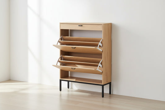 Shoe Storage Cabinet with 2 Flip Drawers&1 Small Drawer, Slim Entryway Shoe Organizer with Sun Pattern Doors for Sneakers,Light Beige