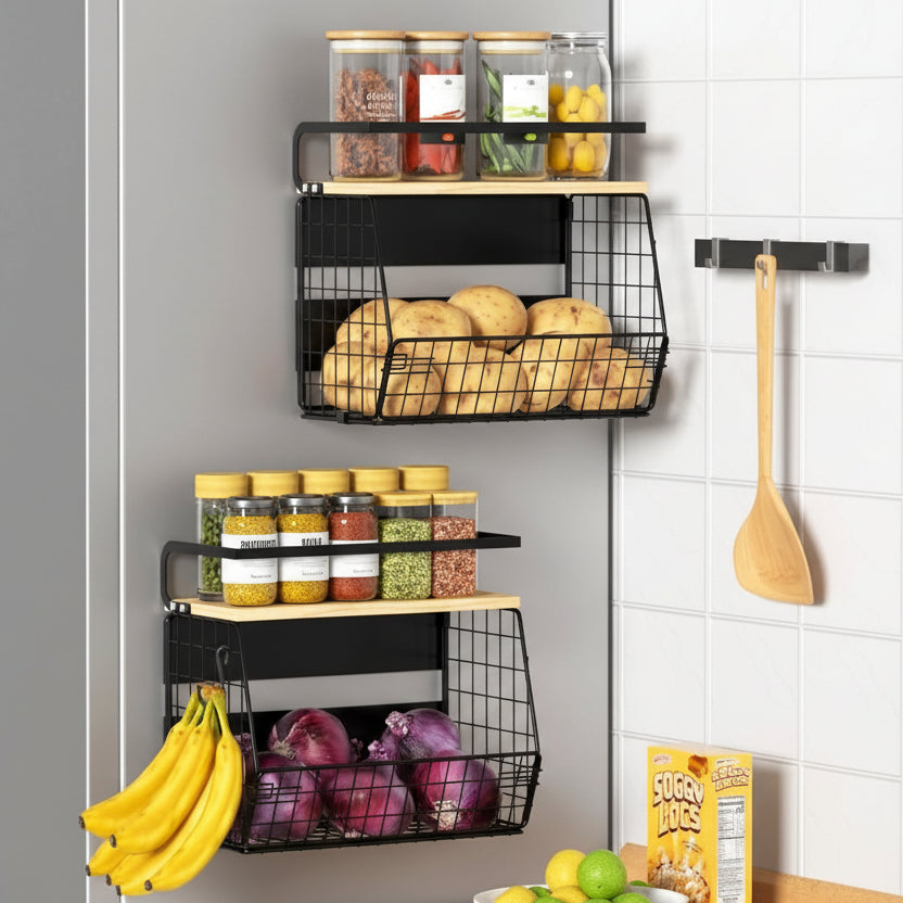 Magnetic Storage Basket – Steel & Bamboo