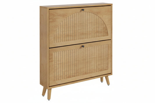 Shoe Storage Cabinet for Entryway with 2 Flip Drawers, Narrow Wood Shoe Cabinet with Fluted Panel, Freestanding Hidden Shoe Organizer for Foyer, Hallway (Wood Color - No Shelf)