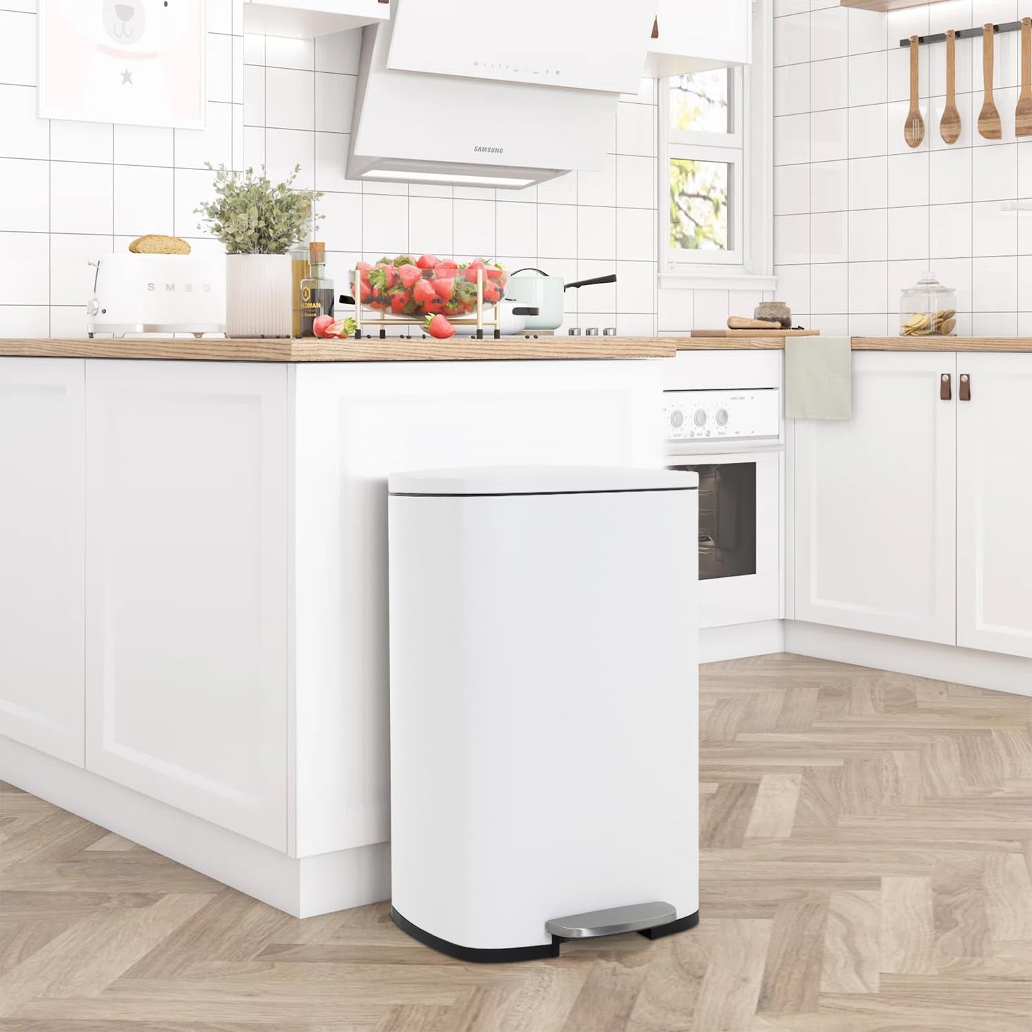 | 13 Gallon Trash Can with Lid | White | Fingerprint-Proof | Made of Brushed Stainless Steel | Soft-Close Step Pedal | Hands-Free Use | Easy to Clean | for Kitchen, Office, Bathroom
