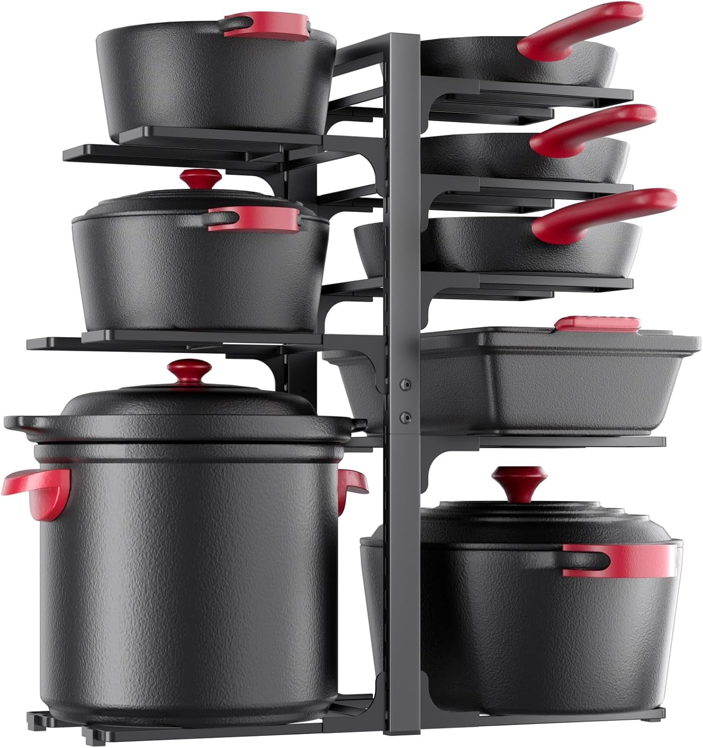 8-Tier Pots and Pans Organizer under Cabinet, 15.83" Height Heavy Duty Pot Pan Organizer Kitchen Cabinet Organization and Storage, Adjustable Pot Rack for Frying Pan, Cast Iron Skillet, Black