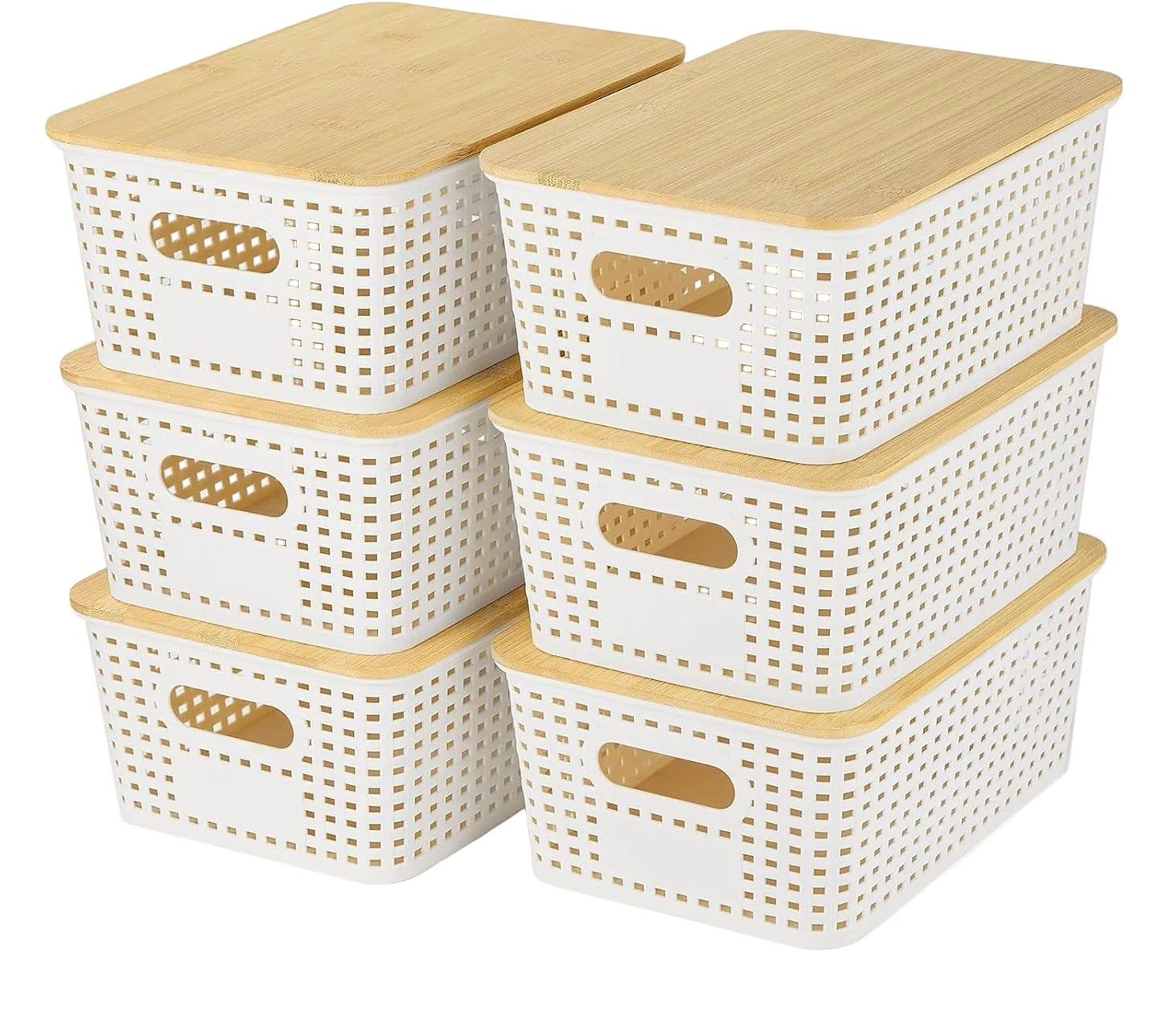 Plastic Storage Baskets with Bamboo Lid - Plastic Storage Containers Stackable Storage Bins: Storage Baskets for Organizing Shelves Drawers Desktop Closet Playroom Classroom Office, 6 Pack