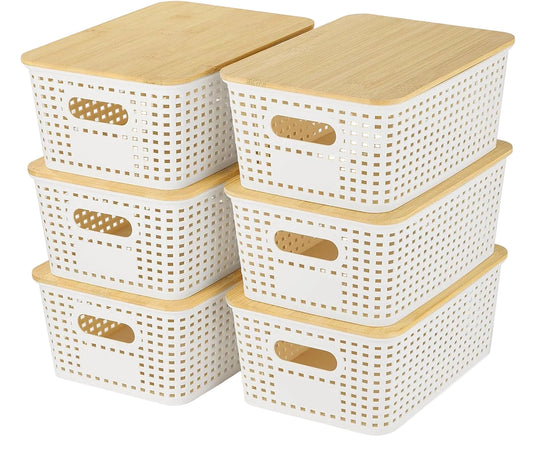 Plastic Storage Baskets with Bamboo Lid - Plastic Storage Containers Stackable Storage Bins: Storage Baskets for Organizing Shelves Drawers Desktop Closet Playroom Classroom Office, 6 Pack