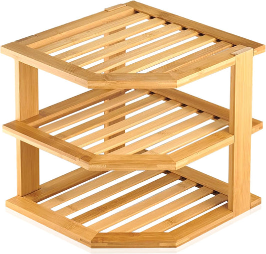 Bamboo 3-Tier Corner Shelf Organizer for Countertop & Kitchen Cabinet, Space Organizer for Kitchen and Bathroom