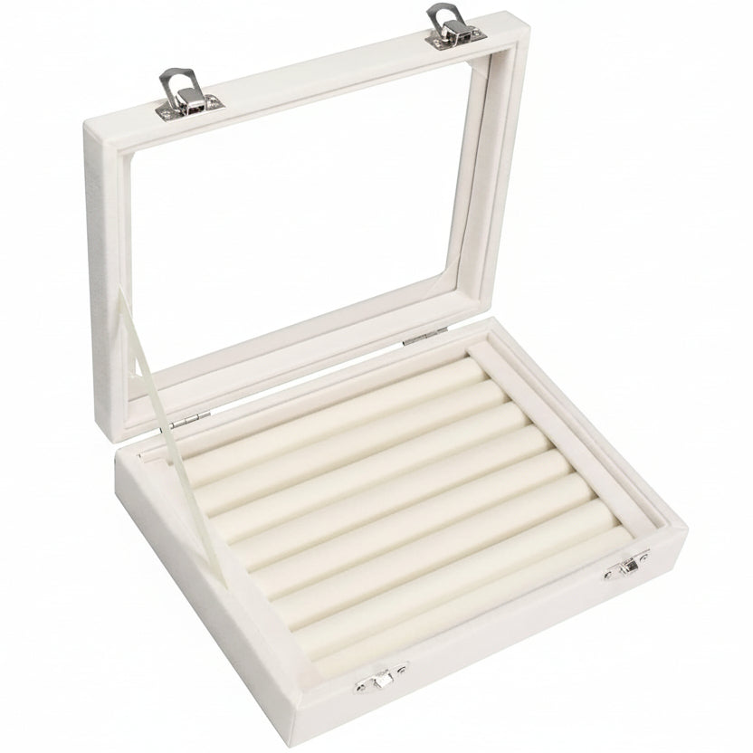 Rings Organizer Tray 7 Slots Velvet Jewelry Earring Storage Box with Transparent Lid Jewelry Display Case for Girls Wife Mom Women (Beige)
