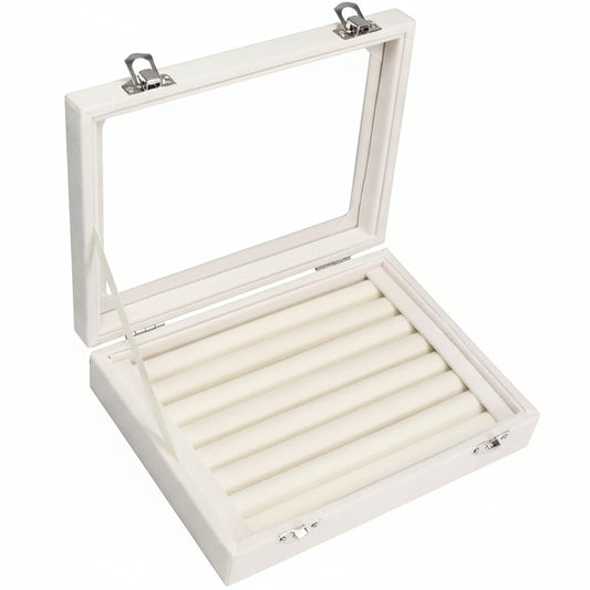 Rings Organizer Tray 7 Slots Velvet Jewelry Earring Storage Box with Transparent Lid Jewelry Display Case for Girls Wife Mom Women (Beige)