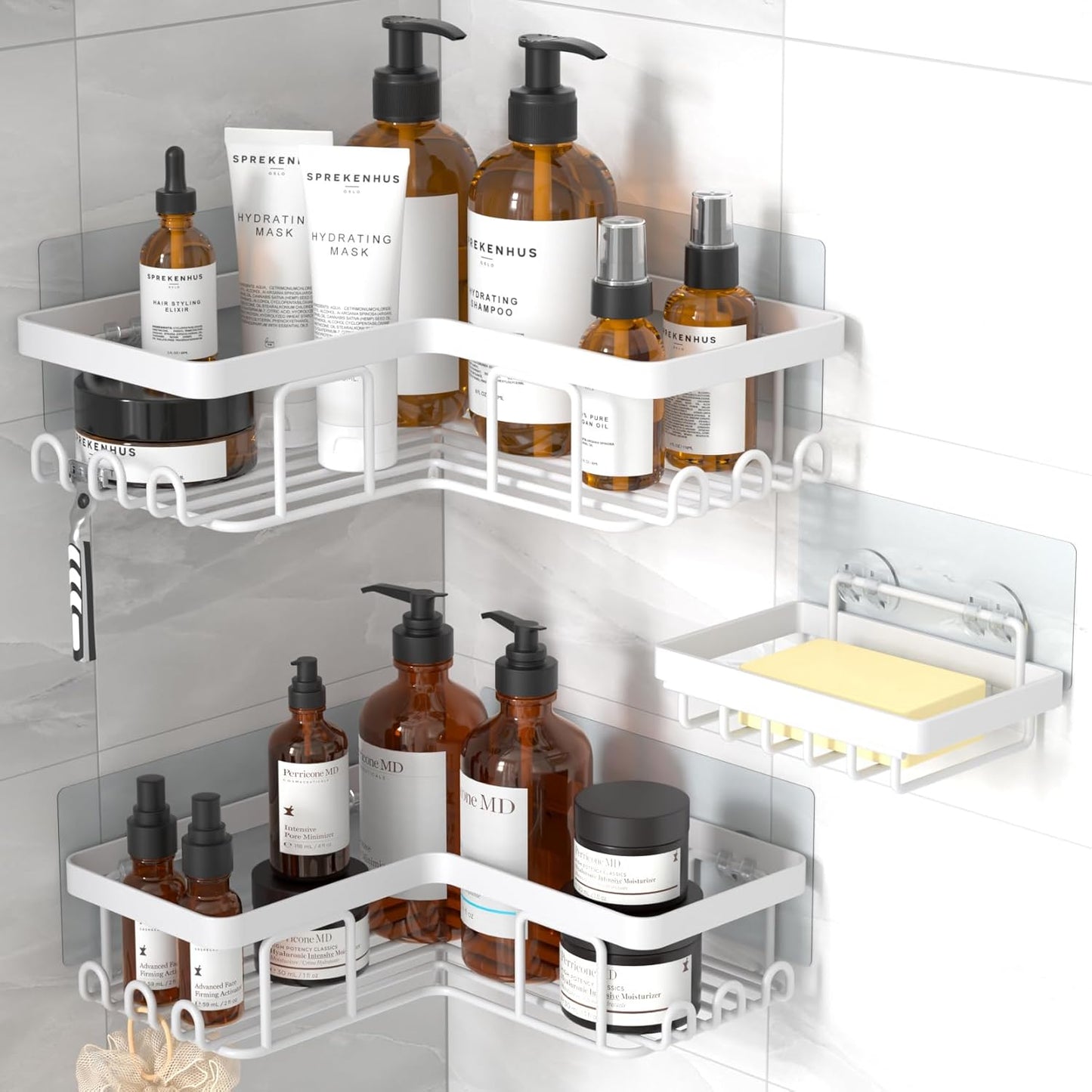 Corner Shower Caddy, 3-Pack Adhesive Bathroom Caddy with Soap Holder and 12 Hooks, Rustproof Stainless Steel Shower Organizer, No Drilling Wall Mounted Shower Rack, Brushed Silver