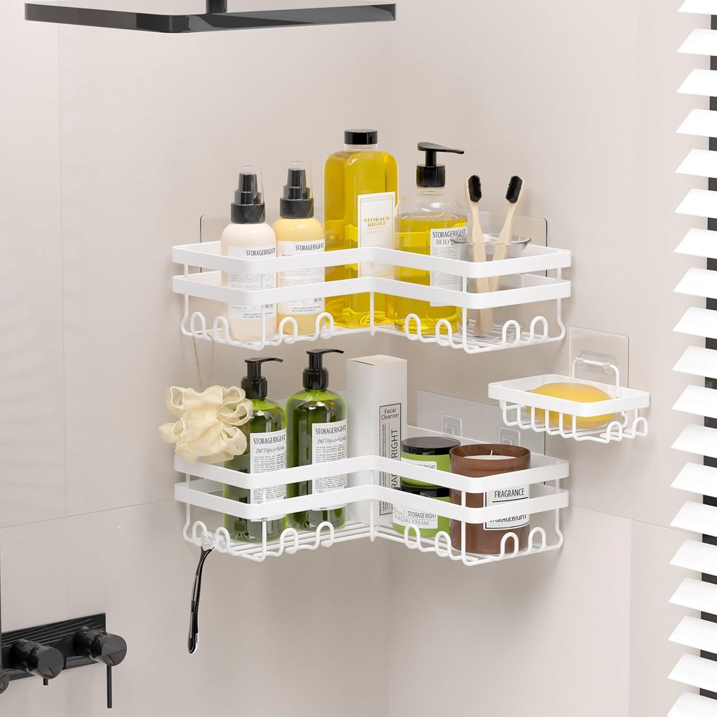 Corner Shower Caddy, 3 Pack Adhesive Bathroom Accessories with Soap Holder, Storage Stainless Shower Organizer Shelf with Hooks, No Drilling Shower Shelves for Bathroom(White, X-Large)