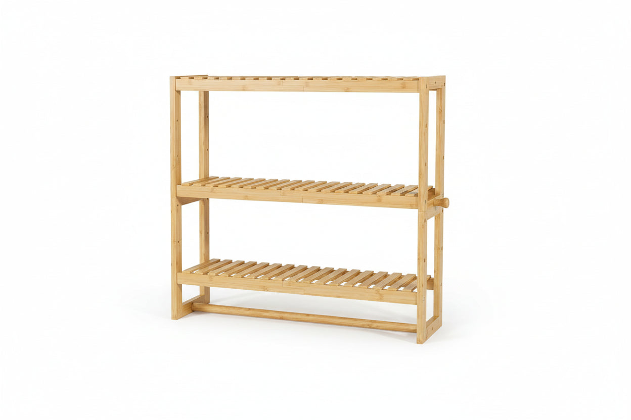 Bathroom Shelf Storage Organizer, Bathroom Shelf 3-Tier Adjustable Layer Bamboo Organizer with Bar, Hanging, Freestanding over Toilet Utility Shelves, Beige