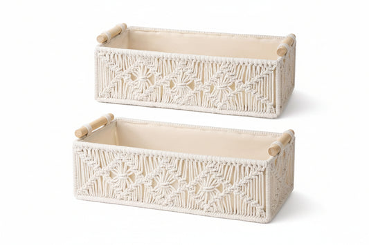 Macrame Storage Baskets Boho Decor Box Handmade Woven Decorative Countertop Toilet Tank Shelf Cabinet Organizer for Bedroom Livingroom Home, Set of 2, Ivory