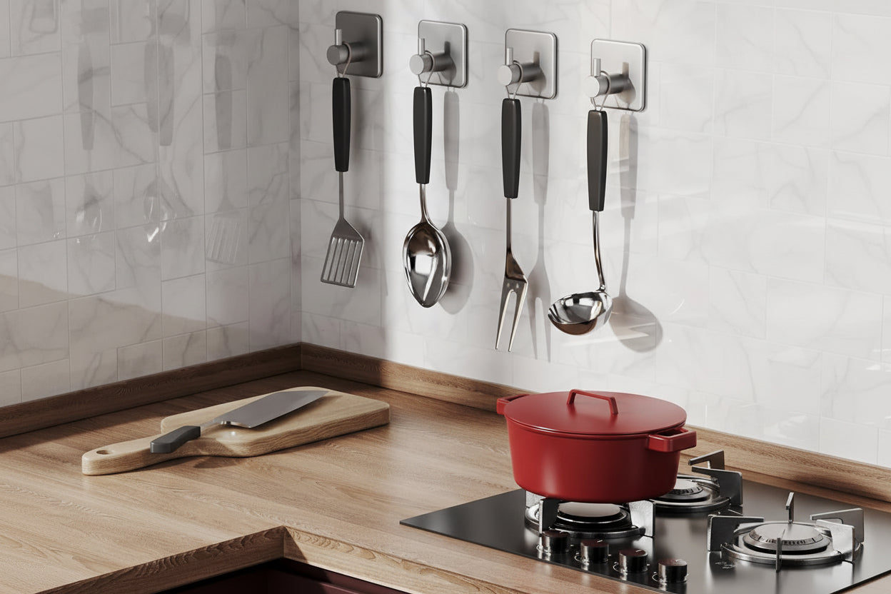 Adhesive Hooks Heavy Duty 30Lb(Max) Wall Hooks, 5 Pack Damage Free Stainless Steel Hanger for Hanging Coat, Hat, Towel Robe, Waterproof Oilproof Rustproof Hook for Bathroom Shower Kitchen Office