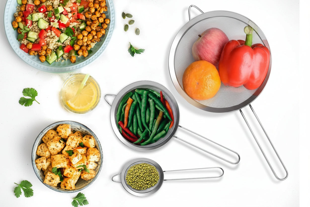 3Pcs Super Wire Extra Fine Mesh Strainer with Handle, Small Medium Large Size Sifter Metal Strainer Set, Stainless Steel Sieve Fine Mesh Strainers for Kitchen Rice Juice Quinoa Food Flour Baking