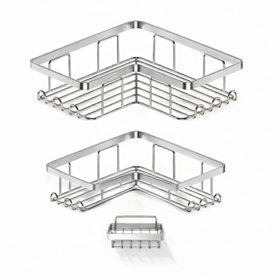 Corner Shower Caddy – 3 Pack – Adhesive – Stainless Steel – Brushed Silver