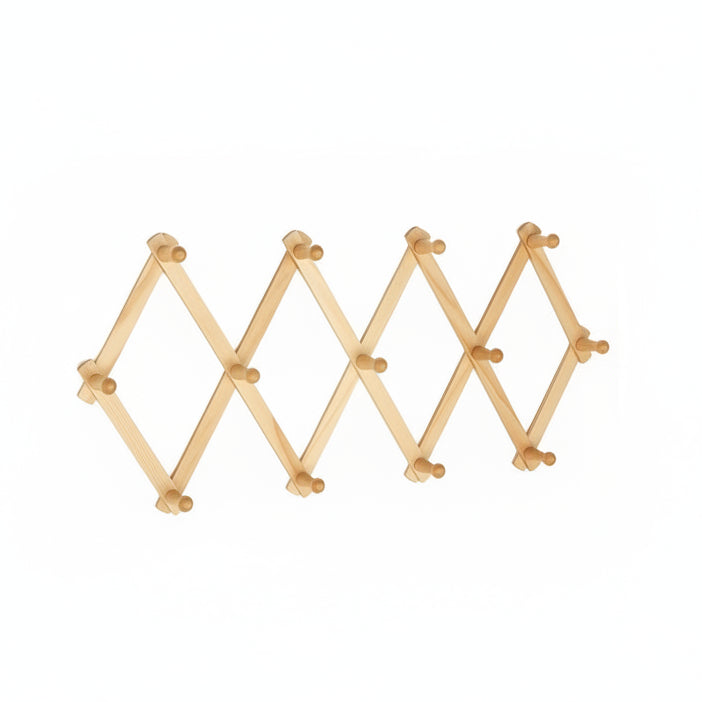 Accordion Style Expandable Wall Wooden Coat Rack 13 Hooks (Pegs) Hang Hats Jackets Coffee Mug Purses Necklaces Towels Cap Leash Scarves Data Line Kitchenware