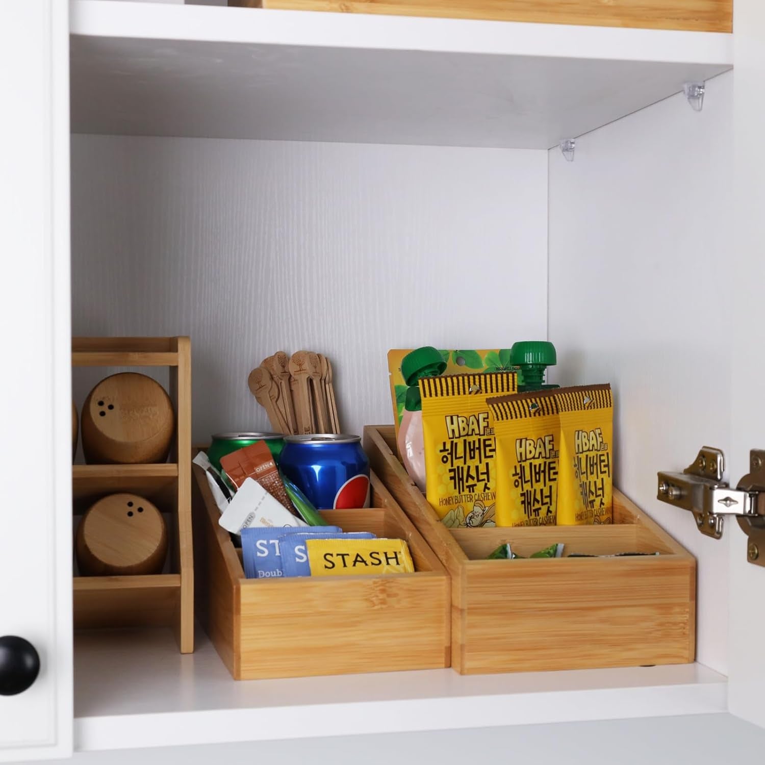 4-Section Snack Organizer with Removable Dividers for Kitchen, Cabinet, Office, Countertop, 2 Pack Bamboo Pantry Storage Organization for Spice Packets, Seasoning Pouches, Coffee Pods