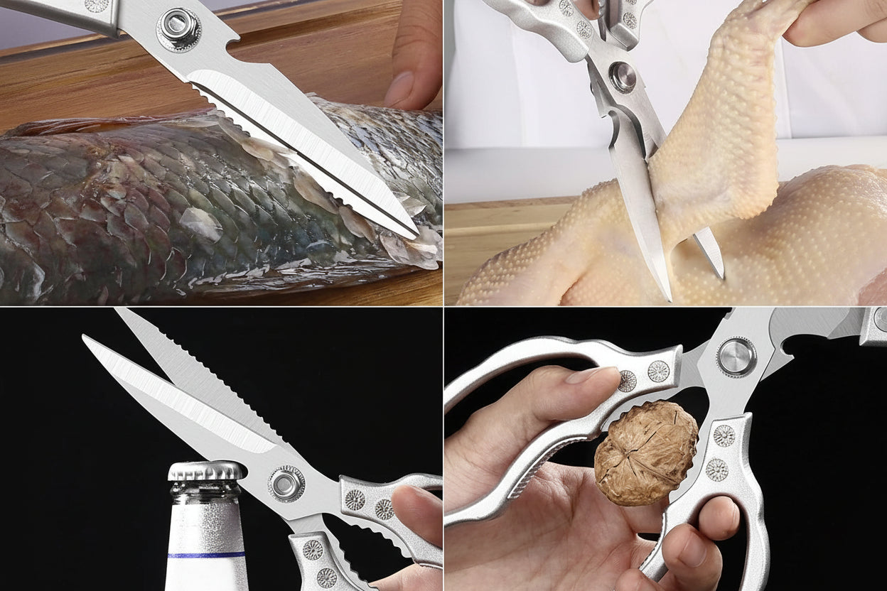 Kitchen Scissors, Multi-Purpose Kitchen Shears, Heavy Duty Dishwasher Safe Food Scissors for Chicken, Poultry, Fish, Meat & Herbs with Non-Slip Grips - Sliver