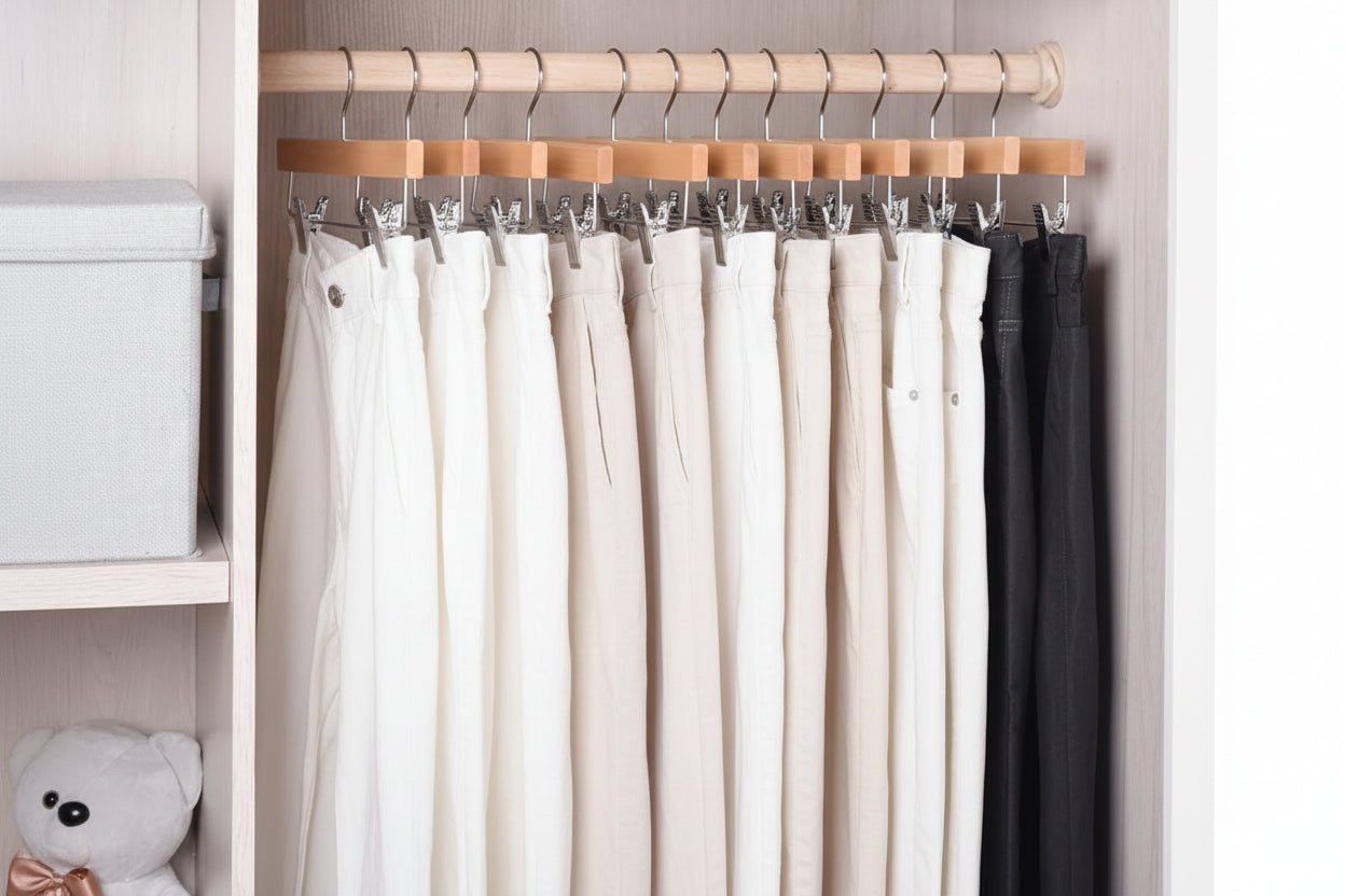 24 Pack Natural Wooden Pants Hangers with Clips, Wood Skirt Hangers Trouser Hangers for Jeans, Slacks, Shorts with 2-Adjustable Clips