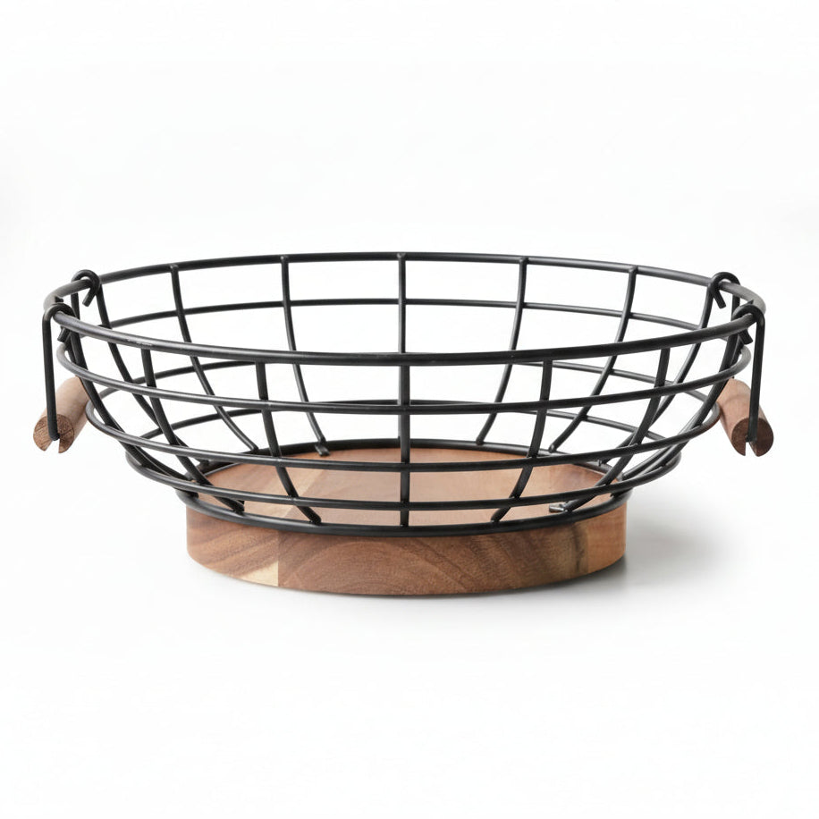 Fruit Basket,Black Wire Basket with Acacia Wood Base,Large Fruit Bowl for Countertop,Black Baskets for Fruits, Breads, Vegetables Storage. (10-Inch)