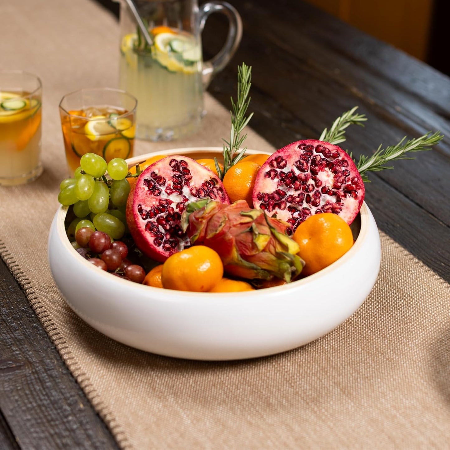 12" Handmade White Bamboo Wooden Fruit Bowl for Kitchen Counter - 130 Oz Lightweight Large Bamboo Wood Salad Bowl