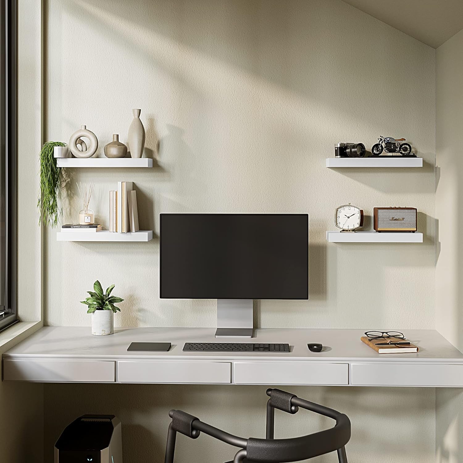 Floating Shelves, White Wall Mounted Wooden Shelves with Invisible Brackets Set of 2, Hanging Wall Shelves Decoration for Bedroom, Bathroom, Living Room and Kitchen