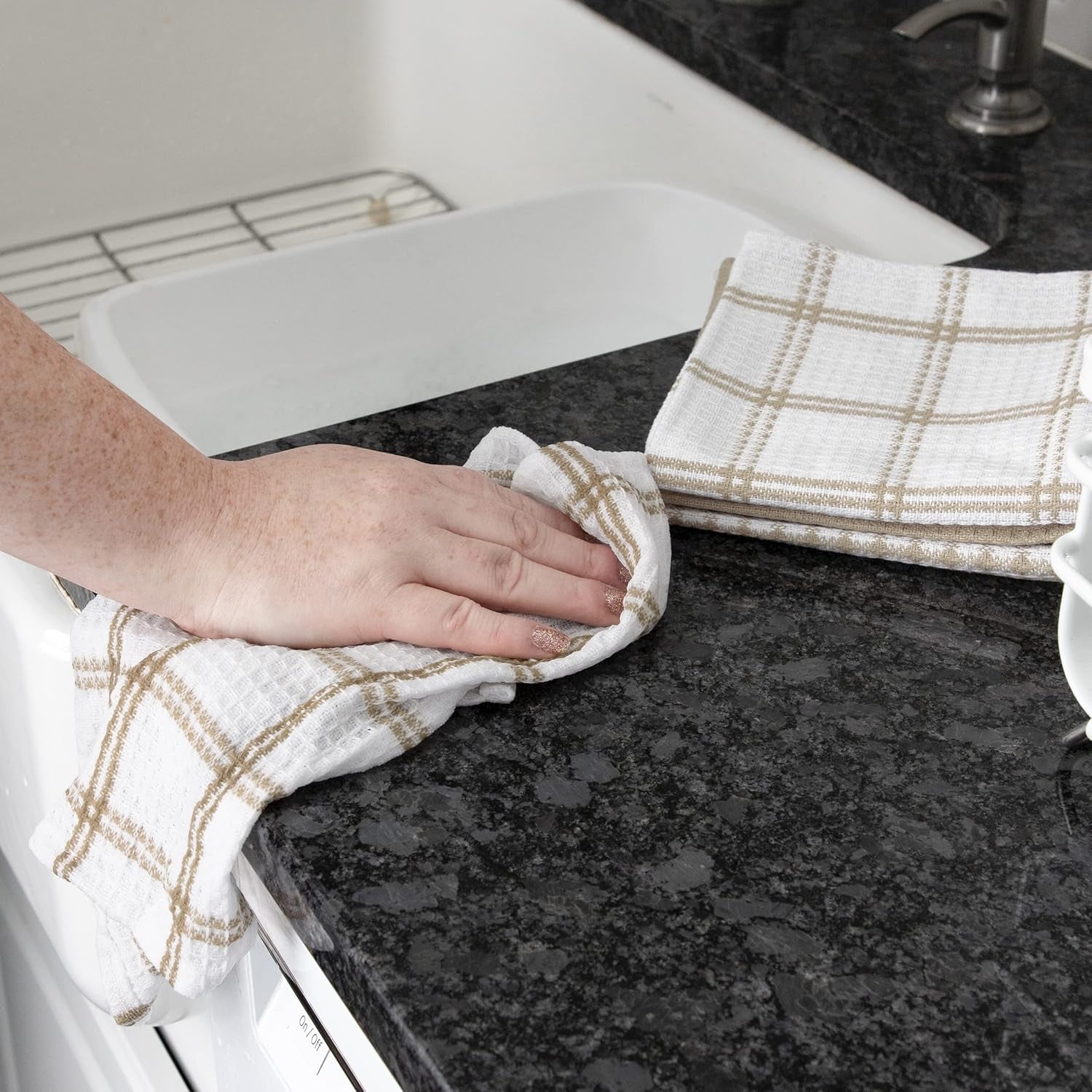 Premium Waffle Dish Cloths: Highly Absorbent, Super Soft Long Lasting - 100% Cotton, 12"X13" Flat Waffle Dish Towel for Cleaning & Drying Dishes, (4-Pack), Sand