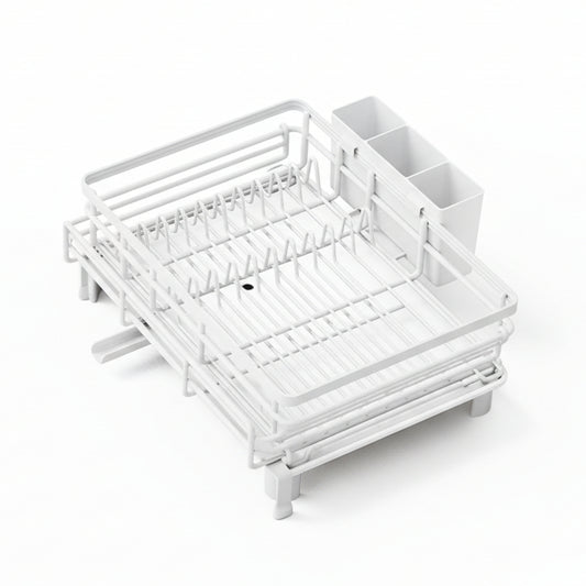 Dish Drying Rack - Extendable Dish Rack, Large Sink Drying Dish Drainer for Kitchen Counter, Stainless Steel Dish Strainer with Utensil Holder (White)