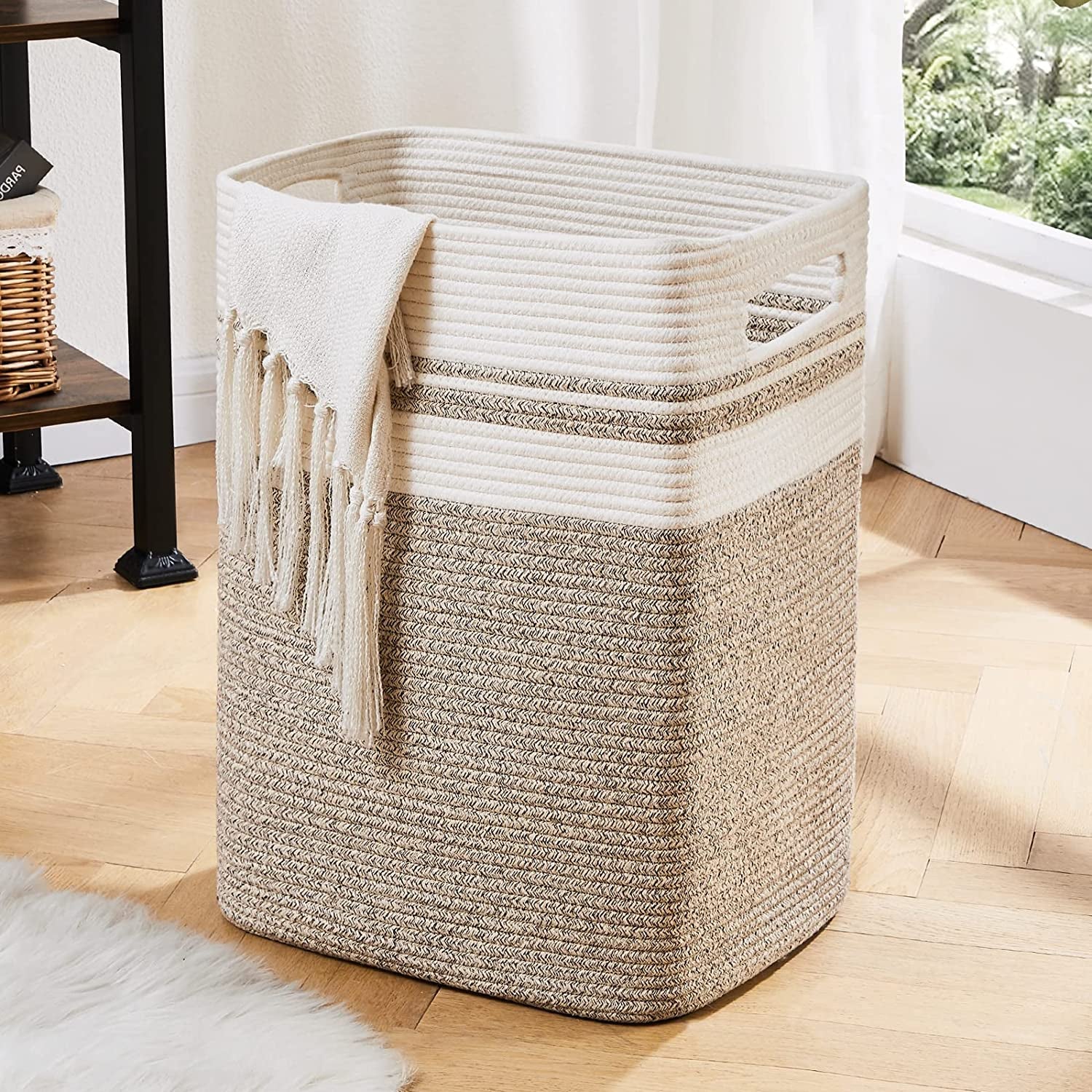 Laundry Hamper-Laundry Basket,Tall Cotton Storage Basket with Handles,Decorative Blanket Basket for Living Room,Collapsible Large Basket for Toys,Pillows,Clothes-16X13X22In-Yellow Variegated