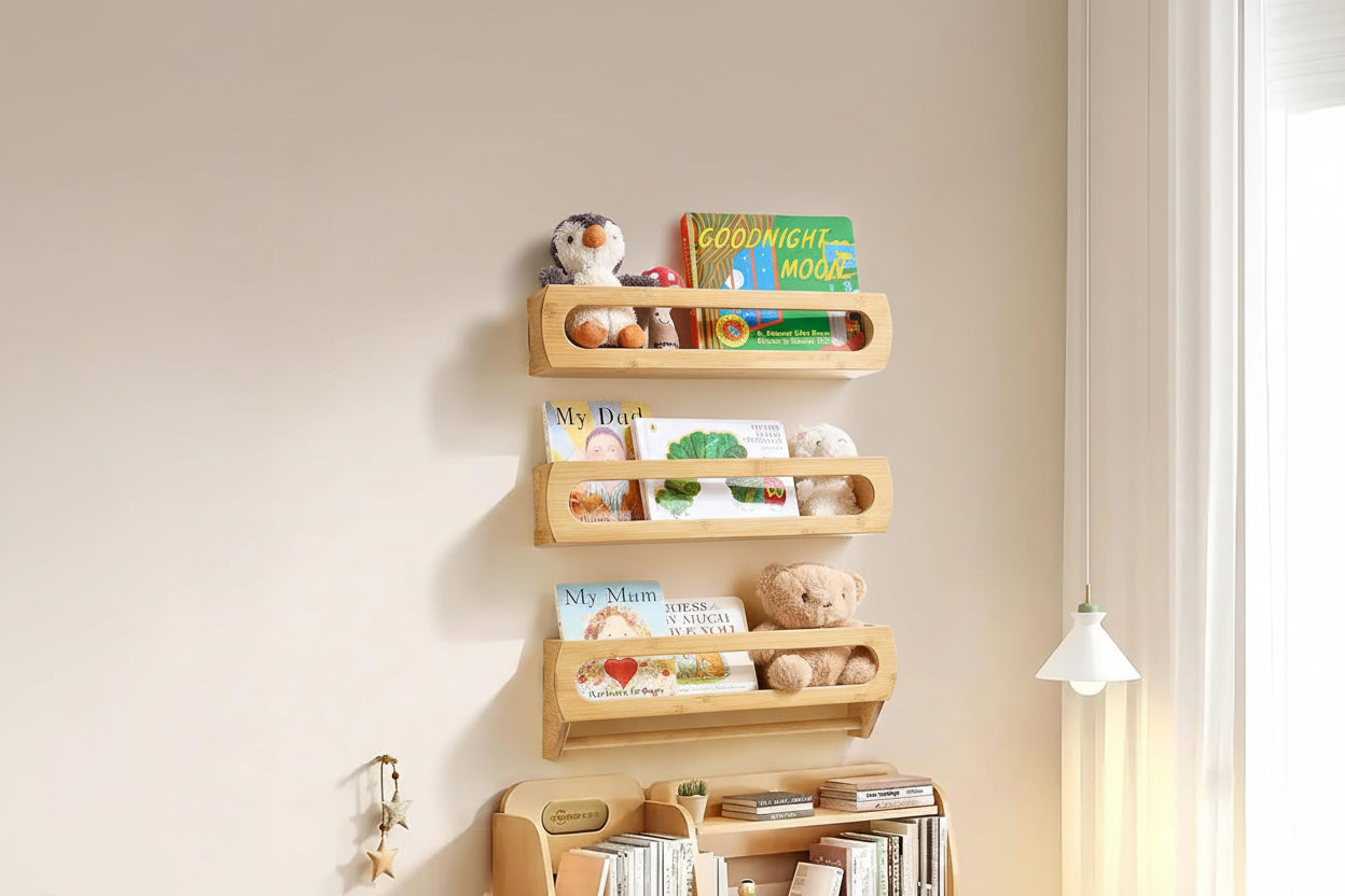 Floating Shelves for Wall, Premium Bamboo Wood, Fully Assembled - Nursery Book Shelves, Nursery Decor, Book Shelf for Kids Rooms, Wall Mounted Bookshelves, Set of 3 Natural