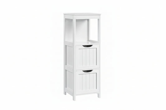 Bathroom Floor Cabinet, Wooden Storage Cabinet with 2 Drawers, Multifunctional Side Organizer Rack Stand Table, White