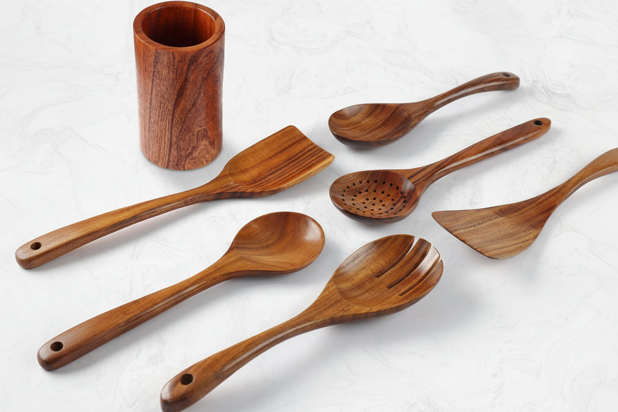 7-Piece Wooden Cooking Spoons Set – Heat-Resistant, Smooth Teak Utensils with Comfort Grip – Lightweight & Durable – Easy to Clean, Perfect for Non-Stick Cookware
