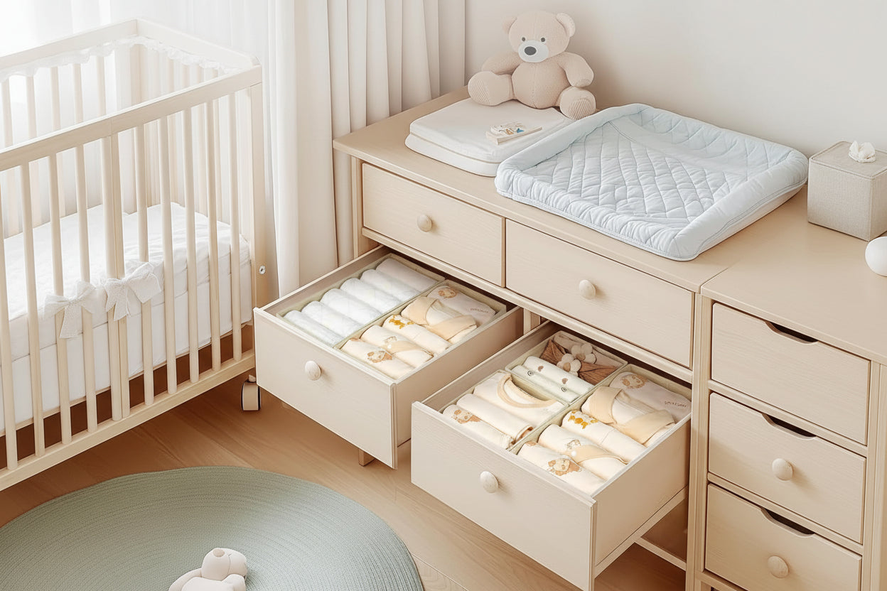 Drawer Organizers Clothes, Set of 4 Dresser Organizer Bins, Fabric Closet Organizers and Storage, Shallow Drawer Dividers for Nursery, Clothing, Baby Clothes, Socks, Underwears, Tie (Beige)