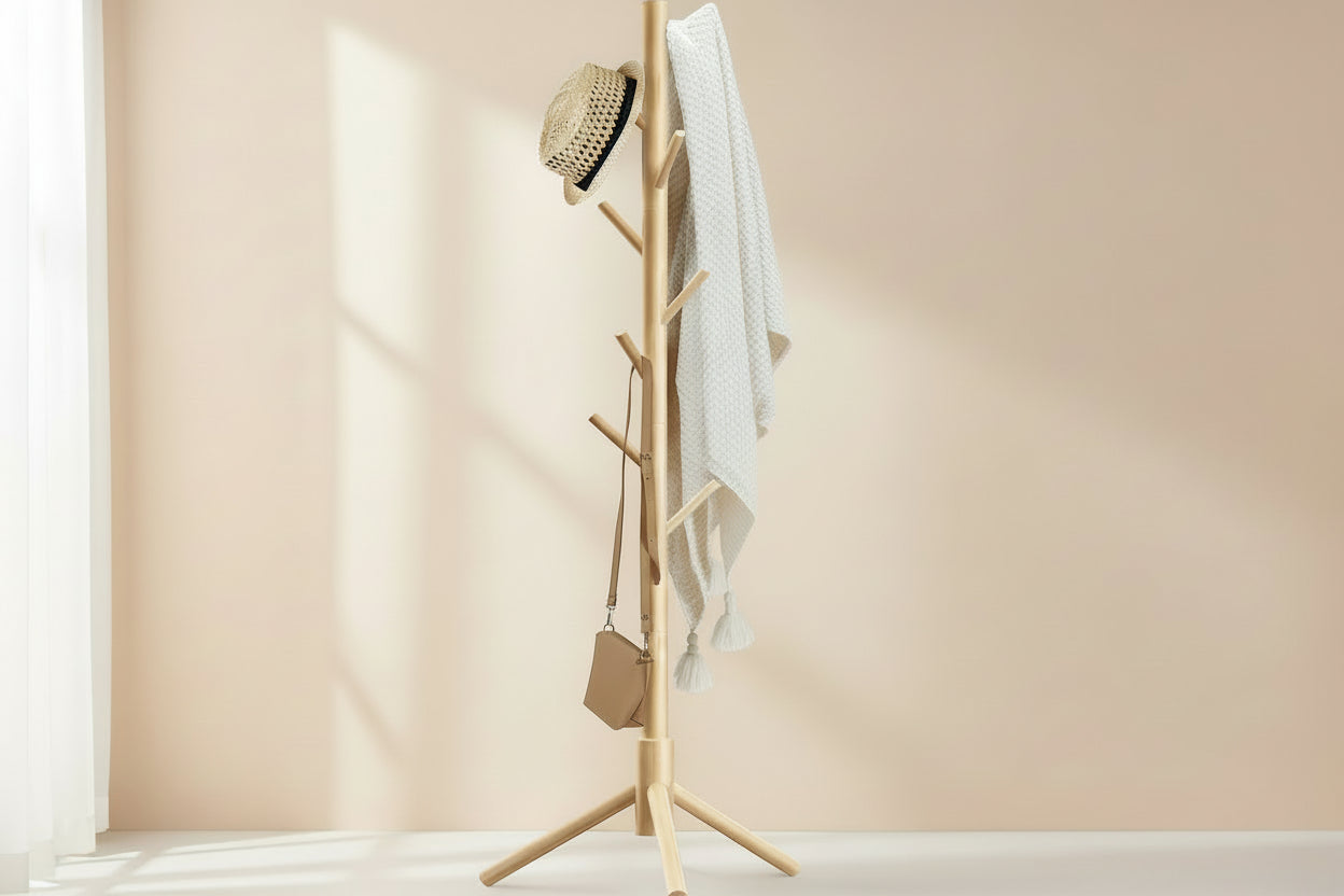 Wooden Coat Rack Stand with 8 Hooks New Zealand Pine 3 Adjustable Coat Standing Tree Easy Assembly for Coats, Hats, Scarves and Handbags for Entryway, Hallway, Bedroom, Office