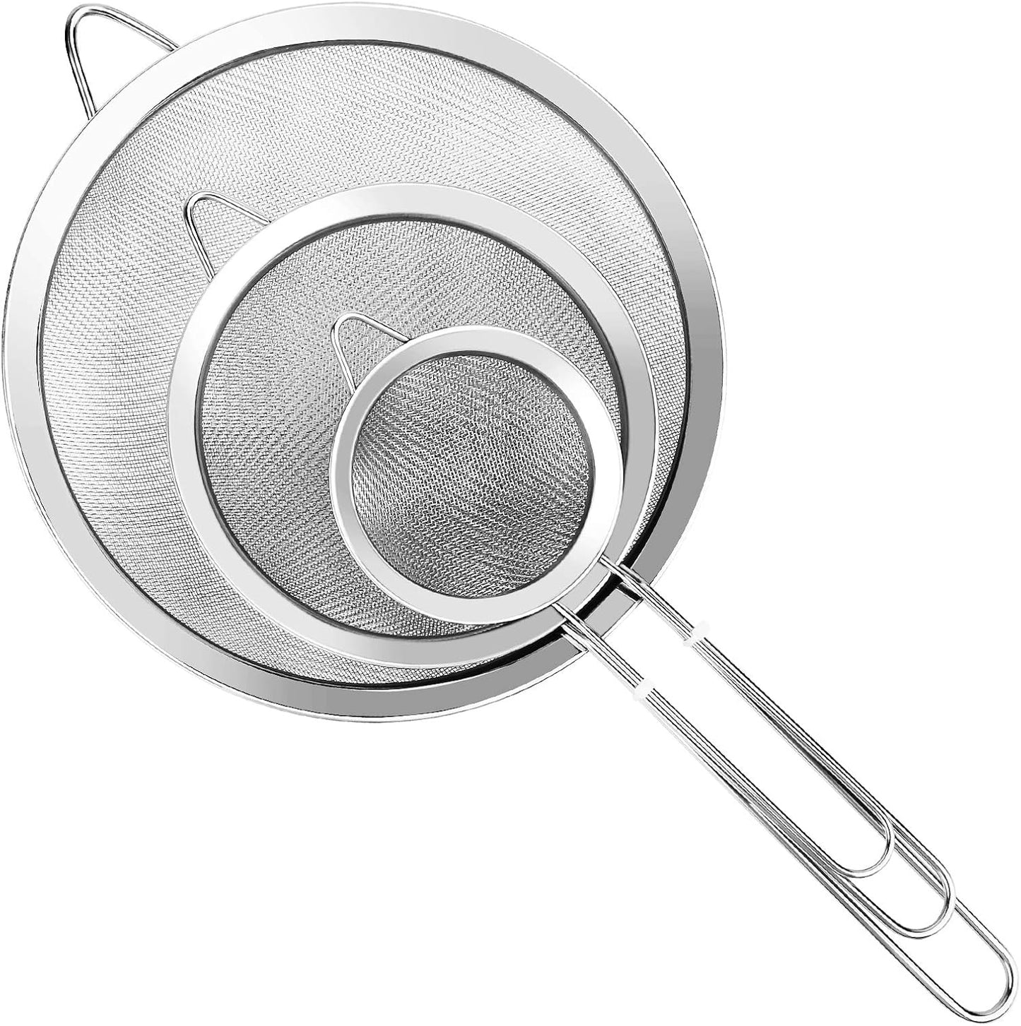 3Pcs Super Wire Extra Fine Mesh Strainer with Handle, Small Medium Large Size Sifter Metal Strainer Set, Stainless Steel Sieve Fine Mesh Strainers for Kitchen Rice Juice Quinoa Food Flour Baking