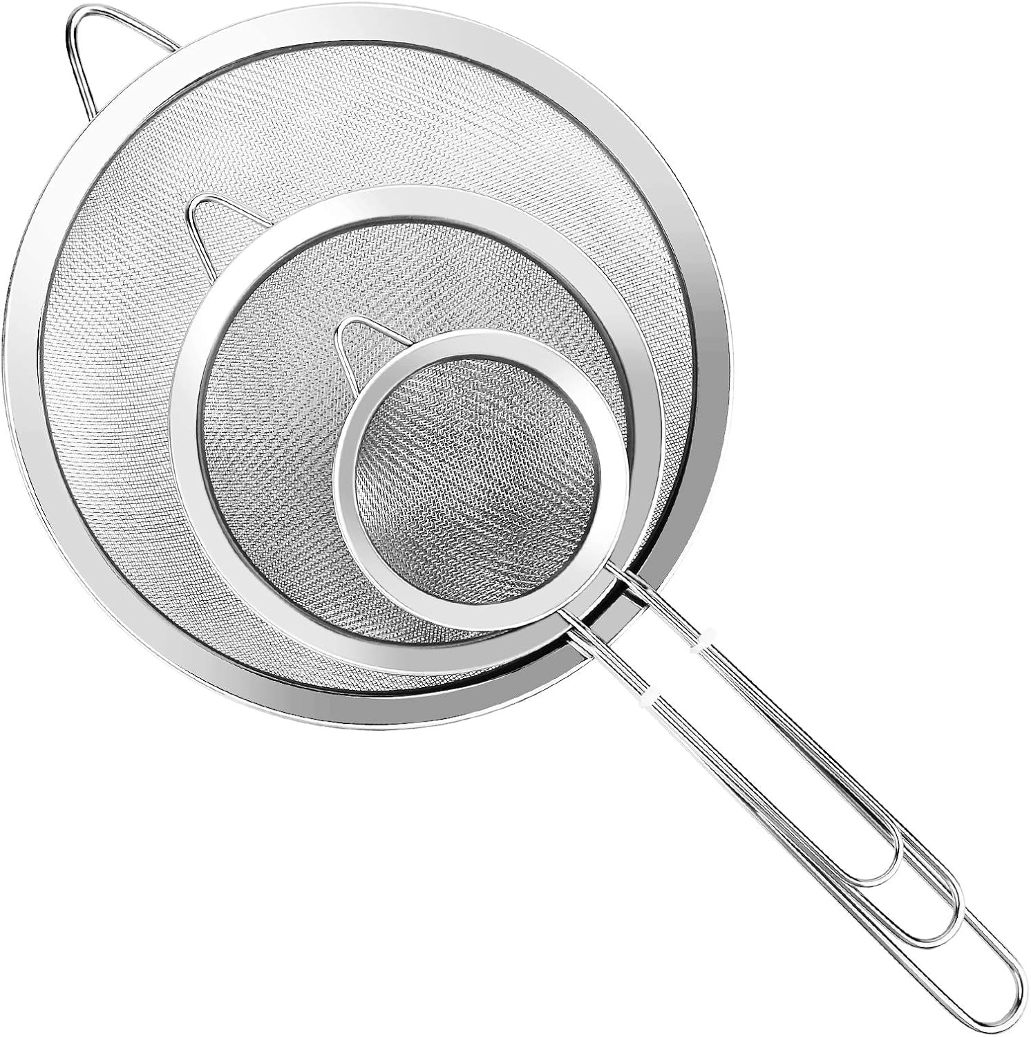 3Pcs Super Wire Extra Fine Mesh Strainer with Handle, Small Medium Large Size Sifter Metal Strainer Set, Stainless Steel Sieve Fine Mesh Strainers for Kitchen Rice Juice Quinoa Food Flour Baking