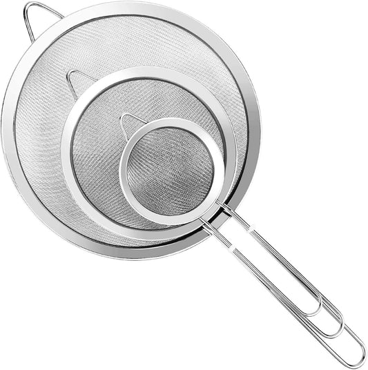 3Pcs Super Wire Extra Fine Mesh Strainer with Handle, Small Medium Large Size Sifter Metal Strainer Set, Stainless Steel Sieve Fine Mesh Strainers for Kitchen Rice Juice Quinoa Food Flour Baking