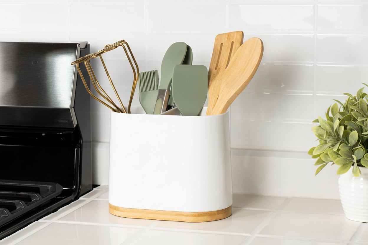 ® White Large Oval Utensil Holder with Bamboo Wooden Base