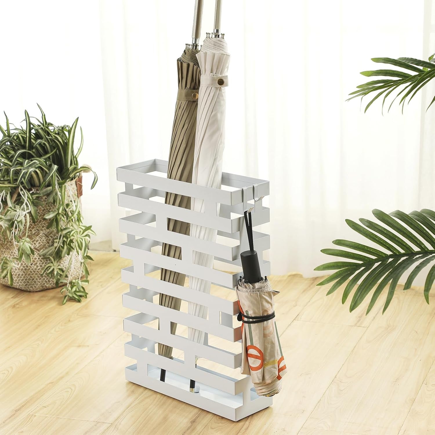 Umbrella Stands for Entryway Large Metal Umbrella Holder with Removable Water Tray and Hooks Decor Freestanding Rectangular Umbrella Hollow Rack for Home Office (White, 3.94 X 11.81 X 16.93 Inch)