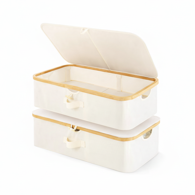 Underbed Storage Boxes – Set of 2 – Bamboo Frame – Beige