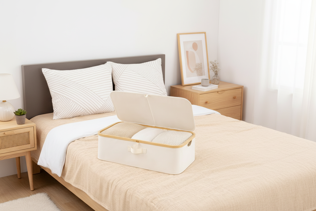 Underbed Storage Boxes – Set of 2 – Bamboo Frame – Beige