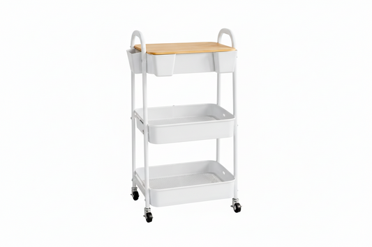 Rolling Storage Cart – Bamboo Top – White